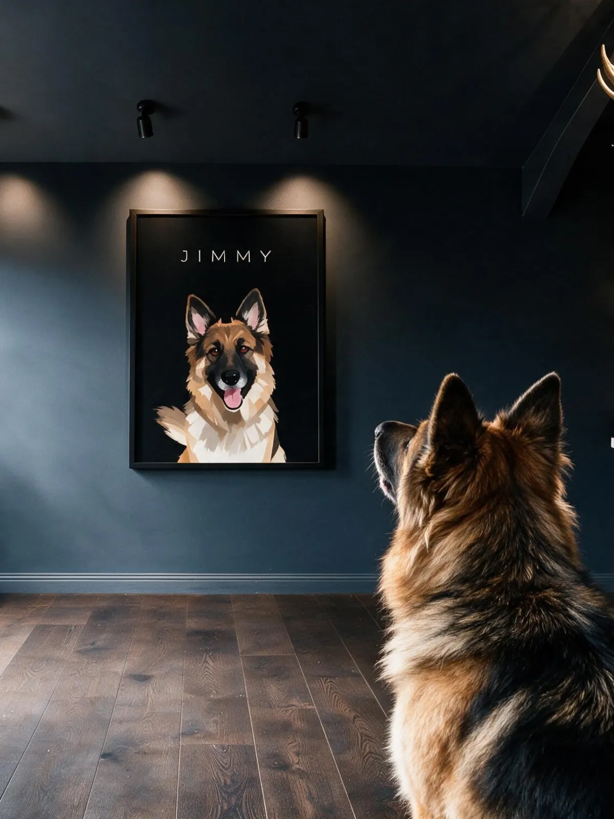 Framed Piri & Co custom portrait of a German Shepherd named Jimmy, with the dog looking up at it